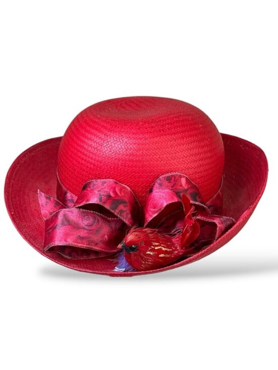 Importina Accessories - Vintage Red Straw Church Derby Hat Embellished Ribbon Red Bird Adult OS 1980’s